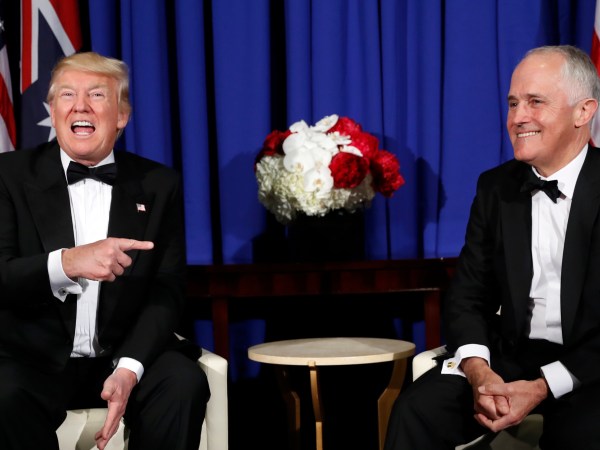 President Donald Trump meets with Australian Prime Minister Malcolm Turnbull aboard the USS Intrepid, a decommissioned aircraft carrier docked in the Hudson River in New York, Thursday, May 4, 2017. (AP Photo/Pablo Martinez Monsivais)