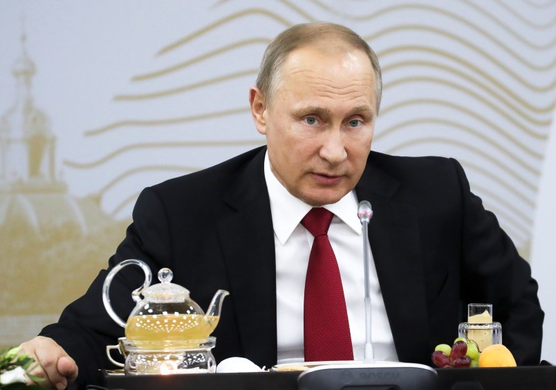 Russian President Vladimir Putin meets with heads of major foreign companies at the St. Petersburg International Economic Forum in St. Petersburg, Russia, Friday, June 2, 2017. (Sergei Savostyanov/TASS News Agency Pool Photo via AP)