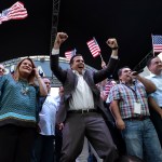 Governor Ricardo Rossello and Washington resident commissioner Jennifer Gonzalez celebrate at the headquarters of the New Progressive Party after learning about their victory in the political status referendum, in San Juan, Puerto Rico, Sunday, June 11, 2017. After the triumph of statehood in the status consultation, Rossello will move to Washington, DC, to report the results to Congress, the White House and various international forums.  (AP Photo/Carlos Giusti) PUERTO RICO OUT-NO PUBLICAR EN PUERTO RICO