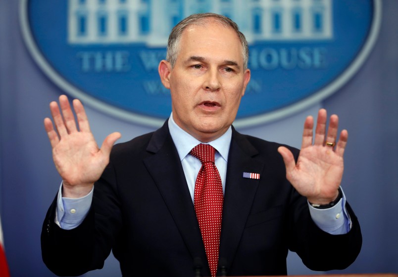 EPA Administrator Scott Pruitt speaks to the media during the daily briefing in the Brady Press Briefing Room of the White House in Washington, Friday, June 2, 2017. (AP Photo/Pablo Martinez Monsivais)