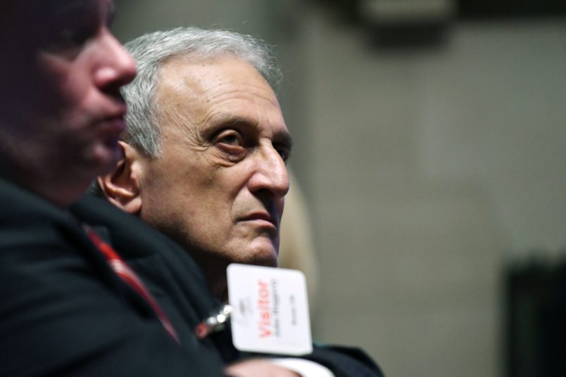 Carl Paladino listens during a hearing to determine if he can be removed from the Buffalo school board on Thursday, June 22, 2017, at the State Education Building in Albany, N.Y. (AP photo/Will Waldron,Times Union)