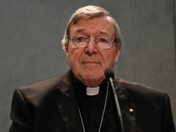Cardinal George Pell meets the media, at the Vatican, Thursday, June 29, 2017. The Catholic Archdiocese of Sydney says Vatican Cardinal George Pell will return to Australia to fight sexual assault charges as soon as possible. (AP Photo/Gregorio Borgia)