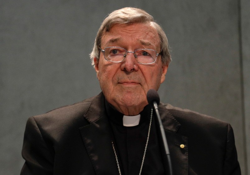 Cardinal George Pell meets the media, at the Vatican, Thursday, June 29, 2017. The Catholic Archdiocese of Sydney says Vatican Cardinal George Pell will return to Australia to fight sexual assault charges as soon as possible. (AP Photo/Gregorio Borgia)