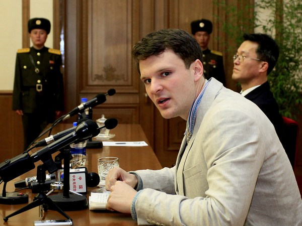HOLD FOR SUNDAY, JAN. 22 – FILE – In this Feb. 29, 2016, file photo, American student Otto Warmbier speaks as Warmbier is presented to reporters in Pyongyang, North Korea. North Korea announced Warmbier’s detention Jan. 22, 2016, and the University of Virginia student from suburban Cincinnati was sentenced in March 2016 to 15 years in prison at hard labor after a televised confession that he tried to steal a propaganda banner. As President Donald Trump’s administration takes office one year later, there’s been little public word about what has happened to Warmbier. (AP Photo/Kim Kwang Hyon, File)