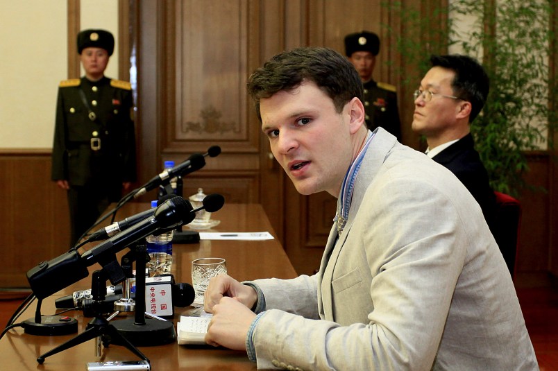 HOLD FOR SUNDAY, JAN. 22 – FILE – In this Feb. 29, 2016, file photo, American student Otto Warmbier speaks as Warmbier is presented to reporters in Pyongyang, North Korea. North Korea announced Warmbier’s detention Jan. 22, 2016, and the University of Virginia student from suburban Cincinnati was sentenced in March 2016 to 15 years in prison at hard labor after a televised confession that he tried to steal a propaganda banner. As President Donald Trump’s administration takes office one year later, there’s been little public word about what has happened to Warmbier. (AP Photo/Kim Kwang Hyon, File)