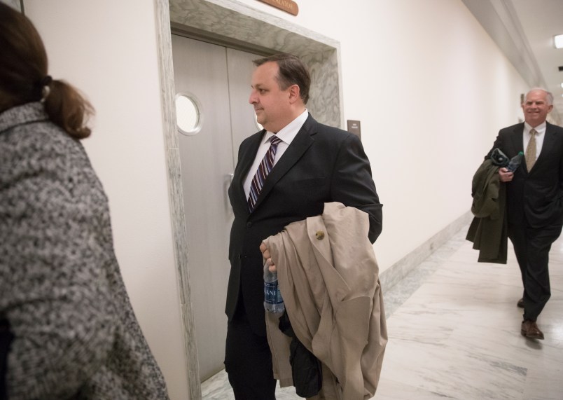Walter M. Shaub Jr., director of the U.S. Office of Government Ethics, arrives for a scheduled meeting with the leaders of the House Oversight and Government Reform Committee, on Capitol Hill in Washington, Monday, Jan. 23, 2017.   (AP Photo/J. Scott Applewhite)