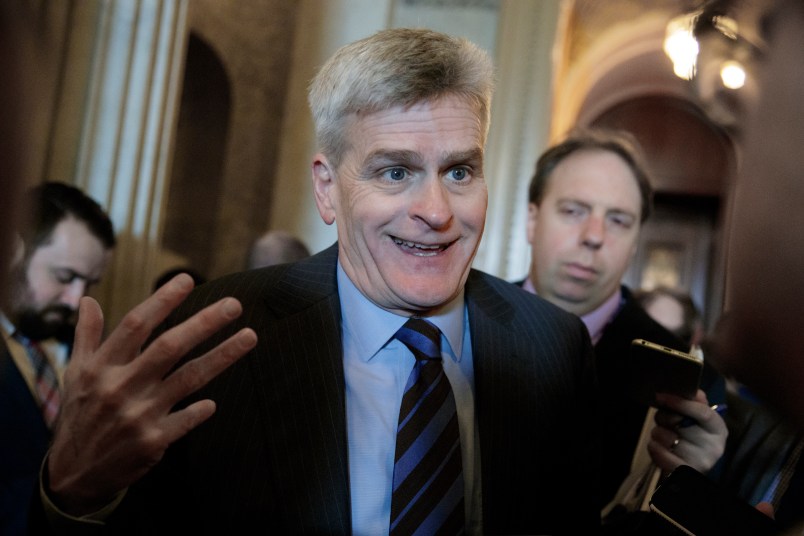 Sen. Bill Cassidy, R-La., speaks to reporters outside the Senate Chamber about President Trump's speech to Congress, during the vote to confirm Ryan Zinke as President Donald Trump’s secretary of the Department of the Interior, on Capitol Hill in Washington, Wednesday, March 1, 2017. A physician by training, Cassidy has introduced an Affordable Care Act alternative, called the Patient Freedom Act of 2017.  (AP Photo/J. Scott Applewhite)