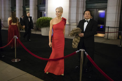 President-elect Donald Trump adviser Kellyanne Conway speaks with members of the media as she arrives for a dinner at Union Station ahead of Friday's presidential inauguration, in Washington, Thursday, Jan. 19, 2017. (AP Photo/Matt Rourke)