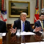 President Donald Trump speaks during a meeting with House and Senate leadership in the Roosevelt Room of the White House, Wednesday, March 1, 2017, in Washington. From left, Senate Majority Leader Mitch McConnell, R-Ky., Trump, and Speaker of the House Paul Ryan, R- Wis. (AP Photo/Evan Vucci)