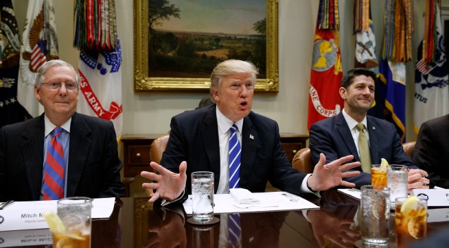 President Donald Trump speaks during a meeting with House and Senate leadership in the Roosevelt Room of the White House, Wednesday, March 1, 2017, in Washington. From left, Senate Majority Leader Mitch McConnell, R-Ky., Trump, and Speaker of the House Paul Ryan, R- Wis. (AP Photo/Evan Vucci)