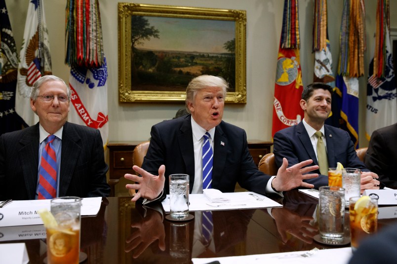 President Donald Trump speaks during a meeting with House and Senate leadership in the Roosevelt Room of the White House, Wednesday, March 1, 2017, in Washington. From left, Senate Majority Leader Mitch McConnell, R-Ky., Trump, and Speaker of the House Paul Ryan, R- Wis. (AP Photo/Evan Vucci)