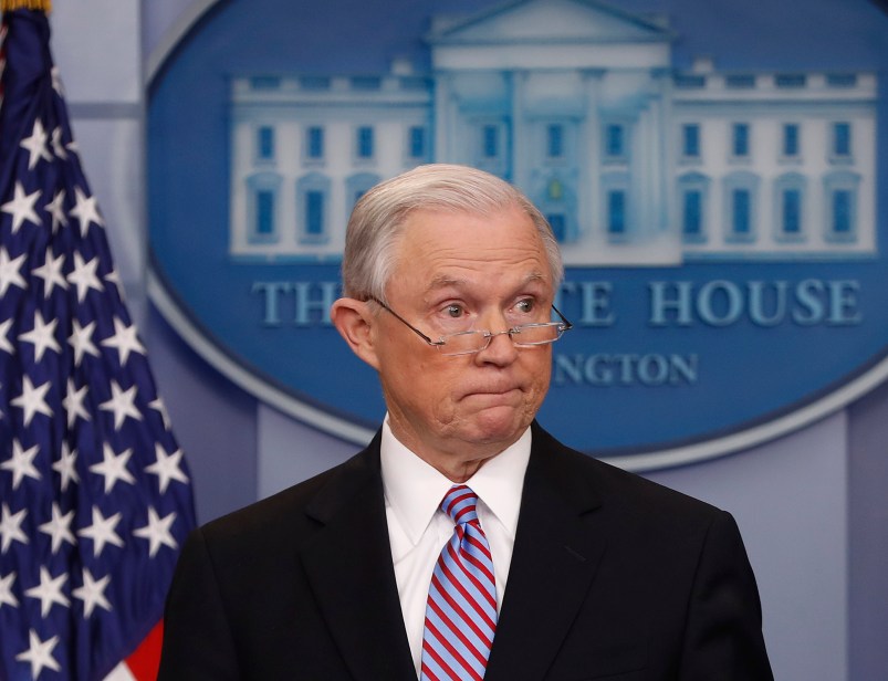 Attorney General Jeff Sessions speaks to members of the media during the daily briefing in the Brady Press Briefing Room of the White House, Monday, March 27, 2017. (AP Photo/Pablo Martinez Monsivais)