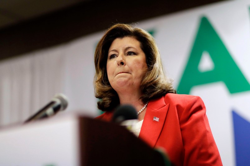 Republican candidate for Georgia's Sixth Congressional seat Karen Handel speaks at an election night watch party in Roswell, Ga., Tuesday, April 18, 2017. Republicans are bidding to prevent a major upset in a conservative Georgia congressional district Tuesday where Democrats stoked by opposition to President Donald Trump have rallied behind a candidate who has raised a shocking amount of money for a special election. (AP Photo/David Goldman)
