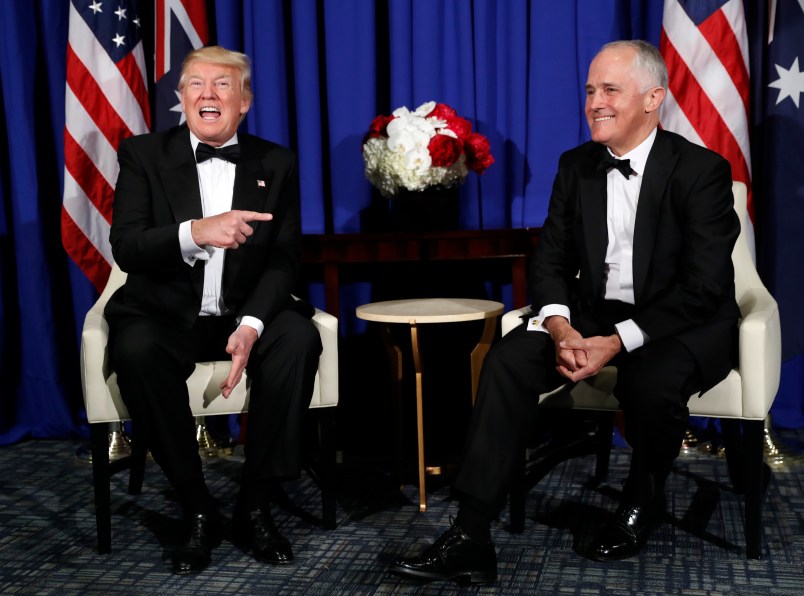 President Donald Trump meets with Australian Prime Minister Malcolm Turnbull aboard the USS Intrepid, a decommissioned aircraft carrier docked in the Hudson River in New York, Thursday, May 4, 2017. (AP Photo/Pablo Martinez Monsivais)