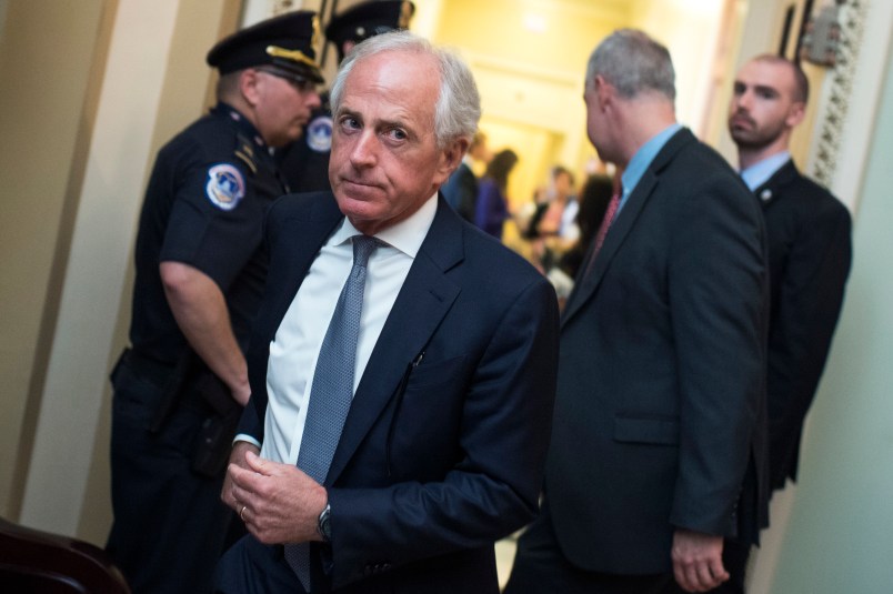 UNITED STATES - MAY 9: Sen. Bob Corker, R-Tenn., leaves the Senate Republican Policy luncheon in the Capitol on May 9, 2017. (Photo By Tom Williams/CQ Roll Call)