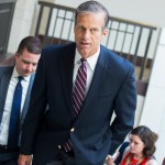 UNITED STATES - MAY 18: Sen. John Thune, R-S.D., leaves a briefing with Deputy Attorney General Rod Rosenstein in the Capitol Visitor Center on the investigation of President Trump's campaign ties to Russia on May 18, 2017. (Photo By Tom Williams/CQ Roll Call)