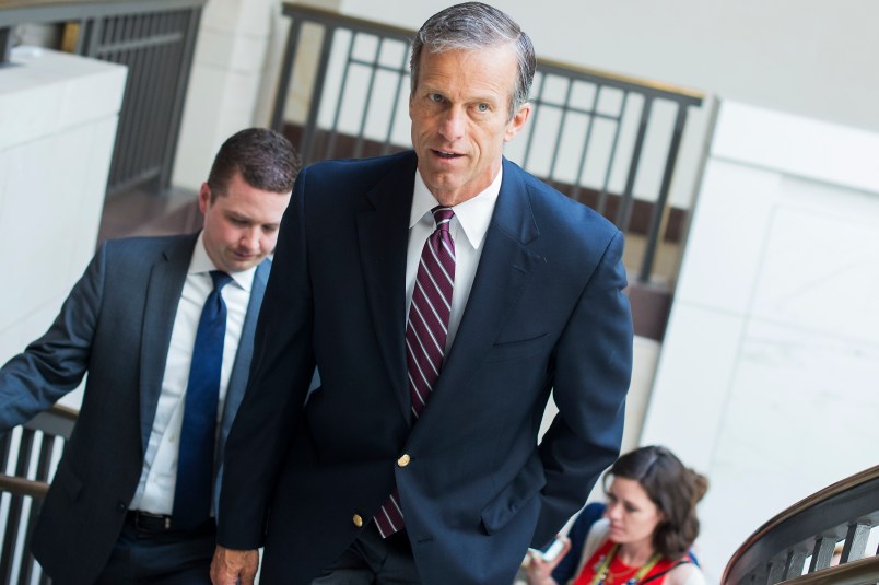 UNITED STATES - MAY 18: Sen. John Thune, R-S.D., leaves a briefing with Deputy Attorney General Rod Rosenstein in the Capitol Visitor Center on the investigation of President Trump's campaign ties to Russia on May 18, 2017. (Photo By Tom Williams/CQ Roll Call)