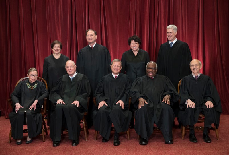 The justices of the U.S. Supreme Court gather for an official group portrait to include new Associate Justice Neil Gorsuch, top row, far right, at the Supreme Court Building in Washington, Thursday. June 1, 2017. Seated in bottom row are, from left, Associate Justice Ruth Bader Ginsburg, Associate Justice Anthony M. Kennedy, Chief Justice of the United States John G. Roberts, Associate Justice Clarence Thomas, and Associate Justice Stephen Breyer. Standing in top row are, from left, Associate Justice Elena Kagan, Associate Justice Samuel Alito Jr., Associate Justice Sonia Sotomayor, and Associate Justice Neil Gorsuch. (AP Photo/J. Scott Applewhite)