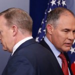 White House Press secretary Sean Spicer, left, introduces EPA Administrator Scott Pruitt, right, during the daily briefing in the Brady Press Briefing Room of the White House, Friday, June 2, 2017. (AP Photo/Pablo Martinez Monsivais)