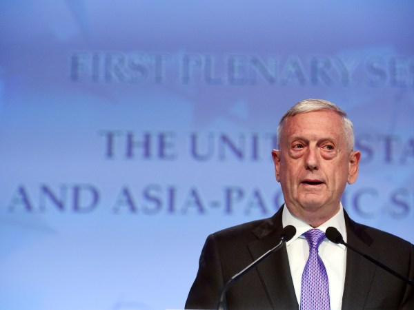 U.S. Defense Secretary Jim Mattis speaks at the first plenary session at the 16th International Institute for Strategic Studies Shangri-la Dialogue, or IISS, Asia Security Summit on Saturday, June 3, 2017 in Singapore.  (AP Photo/Joseph Nair)