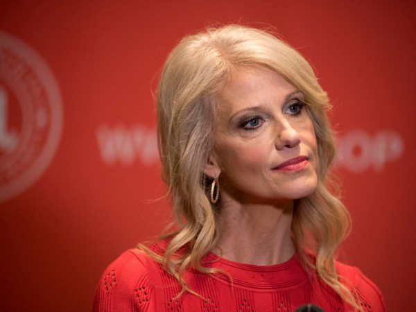 White House senior advisor Kellyanne Conway listens to a question from a reporter during a press conference at the North Carolina Republican Party State Convention at the Wilmington Convention Center in Wilmington, N.C., Saturday, June 3, 2017. (AP Photo/Mike Spencer)