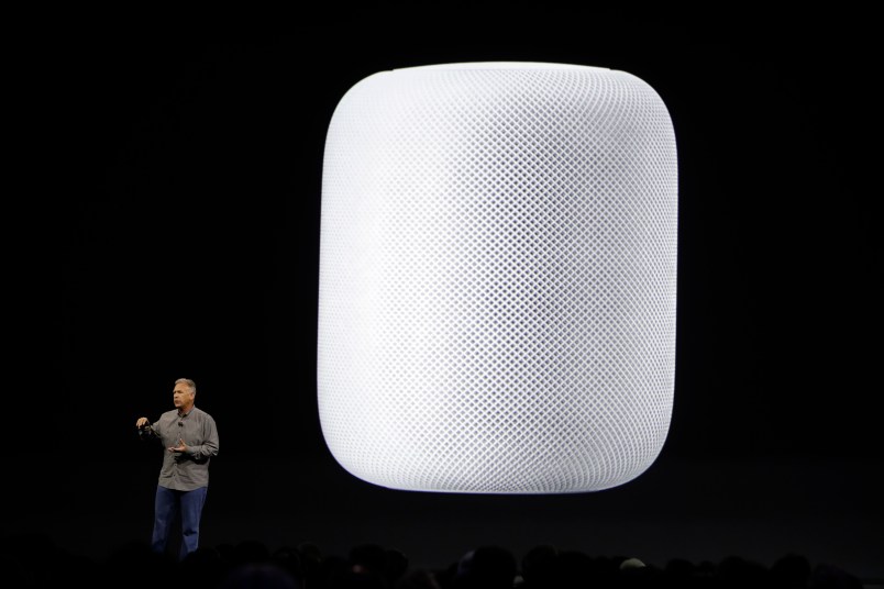 Phil Schiller, Apple's Senior Vice President of Worldwide Marketing,  introduces the HomePod speaker at the Apple Worldwide Developers Conference Monday, June 5, 2017, in San Jose , Calif. (AP Photo/Marcio Jose Sanchez)