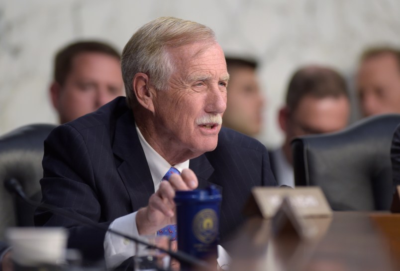 Sen. Angus King, I-Maine, asks a question during a Senate Intelligence Committee hearing about the Foreign Intelligence Surveillance Act, on Capitol Hill in Washington, Wednesday, June 7, 2017. (AP Photo/Susan Walsh)