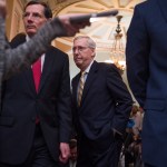 UNITED STATES - JUNE 13: Senate Majority Leader Mitch McConnell, R-Ky., center, and Sen. John Barrasso, R-Wyo., conclude a news conference after the Senate Policy luncheons in the Captiol on June 13, 2017. (Photo By Tom Williams/CQ Roll Call)