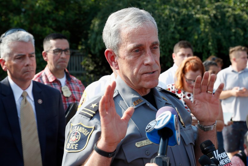 Alexandria Police Chief Michael Brown speaks to the media about the shooting Wednesday, June 14, 2017, in Alexandria, Va. A top House Republican, Steve Scalise of Louisiana, was shot Wednesday at a congressional baseball practice. (AP Photo/Alex Brandon)