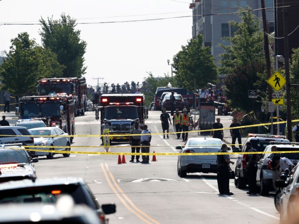 Alexandria Police and other first responders block East Monroe Ave. after a shooting Wednesday, June 14, 2017, in Alexandria, Va. A top House Republican, Steve Scalise of Louisiana, was shot Wednesday at a congressional baseball practice. (AP Photo/Alex Brandon)