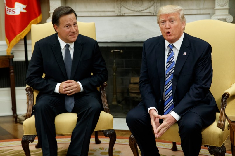 President Donald Trump meets with Panamanian President Juan Carlos Varela in the Oval Office of the White House, Monday, June 19, 2017, in Washington. (AP Photo/Evan Vucci)