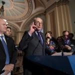 Senate Minority Leader Chuck Schumer, D-N.Y., joined by, from left, Sen. Chris Coons, D-Del., Sen. Brian Schatz, D-Hawaii, and Sen. Jeanne Shaheen, D-N.H., meets with reporters about the health overhaul following a closed-door strategy session at the Capitol in Washington, Tuesday, June 20, 2017. Senate Majority Leader Mitch McConnell says Republicans will have a "discussion draft" of a GOP-only bill scuttling former President Barack Obama's health care law by Thursday. (AP Photo/J. Scott Applewhite)