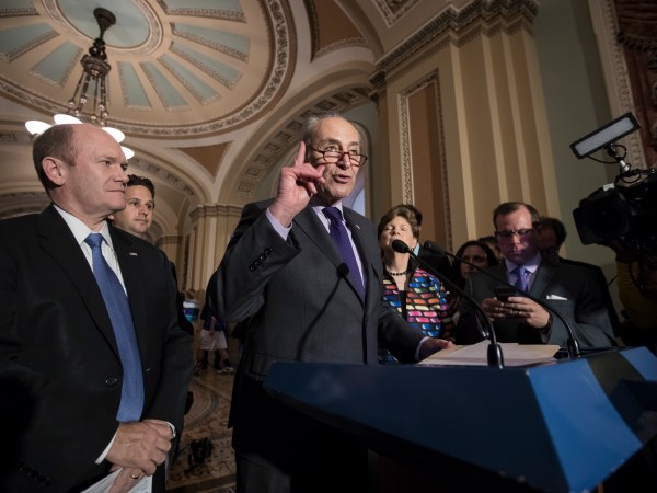 Senate Minority Leader Chuck Schumer, D-N.Y., joined by, from left, Sen. Chris Coons, D-Del., Sen. Brian Schatz, D-Hawaii, and Sen. Jeanne Shaheen, D-N.H., meets with reporters about the health overhaul following a closed-door strategy session at the Capitol in Washington, Tuesday, June 20, 2017. Senate Majority Leader Mitch McConnell says Republicans will have a "discussion draft" of a GOP-only bill scuttling former President Barack Obama's health care law by Thursday. (AP Photo/J. Scott Applewhite)