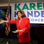 June 20, 2017, Atlanta: Karen Handel makes an early appearance to thank her supporters after the first returns come in during her election night party in the 6th District race with Jon Ossoff on Tuesday, June 20, 2017, in Atlanta.    Curtis Compton/ccompton@ajc.co