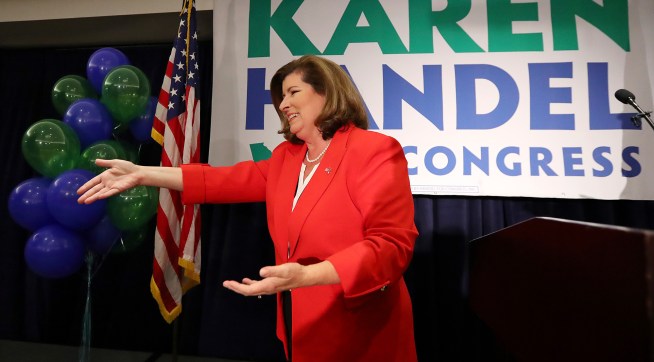 June 20, 2017, Atlanta: Karen Handel makes an early appearance to thank her supporters after the first returns come in during her election night party in the 6th District race with Jon Ossoff on Tuesday, June 20, 2017, in Atlanta.    Curtis Compton/ccompton@ajc.co