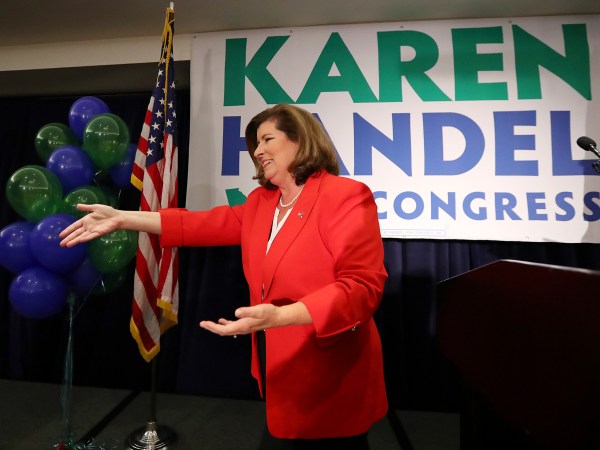 June 20, 2017, Atlanta: Karen Handel makes an early appearance to thank her supporters after the first returns come in during her election night party in the 6th District race with Jon Ossoff on Tuesday, June 20, 2017, in Atlanta.    Curtis Compton/ccompton@ajc.co