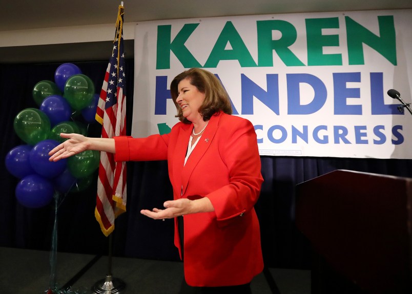 June 20, 2017, Atlanta: Karen Handel makes an early appearance to thank her supporters after the first returns come in during her election night party in the 6th District race with Jon Ossoff on Tuesday, June 20, 2017, in Atlanta.    Curtis Compton/ccompton@ajc.co