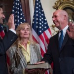 UNITED STATES - JUNE 21: Rep. Greg Gianforte, R-Mont., and his wife Susan, participate in a swearing in ceremony in the Capitol with Speaker Paul Ryan, R-Wis., before the actual event on the House floor on June 21, 2017. (Photo By Tom Williams/CQ Roll Call)