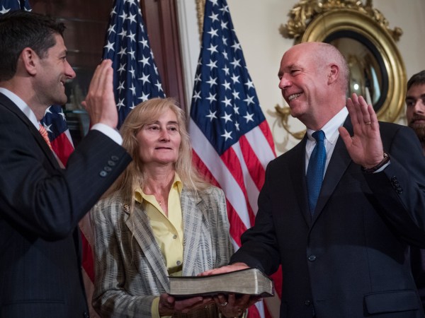 UNITED STATES - JUNE 21: Rep. Greg Gianforte, R-Mont., and his wife Susan, participate in a swearing in ceremony in the Capitol with Speaker Paul Ryan, R-Wis., before the actual event on the House floor on June 21, 2017. (Photo By Tom Williams/CQ Roll Call)