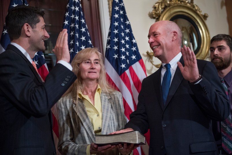 UNITED STATES - JUNE 21: Rep. Greg Gianforte, R-Mont., and his wife Susan, participate in a swearing in ceremony in the Capitol with Speaker Paul Ryan, R-Wis., before the actual event on the House floor on June 21, 2017. (Photo By Tom Williams/CQ Roll Call)