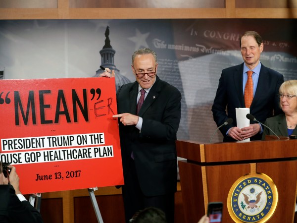 Senate Minority Leader Chuck Schumer, D-N.Y., joined by Sen. Patty Murray, D-Wash., and Sen. Ron Wyden, D-Ore., responds to the release of the Republicans' healthcare bill which represents the long-awaited attempt to scuttle much of President Barack Obama's Affordable Care Act, at the Capitol in Washington, Thursday, June 22, 2017. The measure represents the Senate GOP's effort to achieve a top tier priority for President Donald Trump and virtually all Republican members of Congress. Senate Majority Leader Mitch McConnell, R-Ky., hopes to push it through his chamber next week. (AP Photo/J. Scott Applewhite)