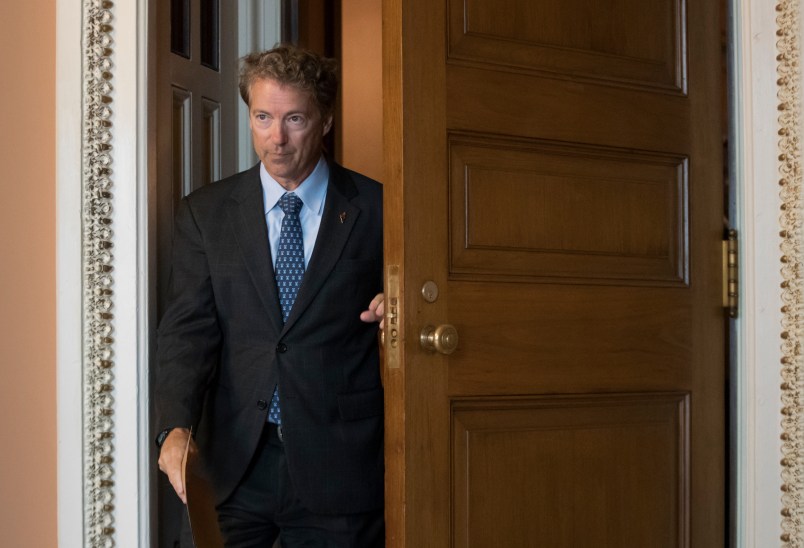 Sen. Rand Paul, R-Ky., leaves a closed-door meeting where Senate Majority Leader Mitch McConnell, R-Ky., announced the release of the Republican healthcare bill, the party's long-awaited attempt to scuttle much of President Barack Obama's Affordable Care Act, at the Capitol in Washington, Thursday, June 22, 2017.  (AP Photo/J. Scott Applewhite)