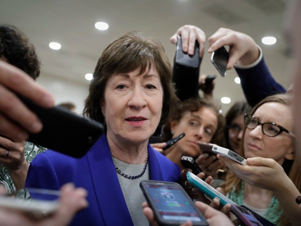 Sen. Susan Collins, R-Maine, speaks amid a crush of reporters after Republicans released their long-awaited bill to scuttle much of President Barack Obama's Affordable Care Act, at the Capitol in Washington, Thursday, June 22, 2017. She is one of four GOP senators to say they are opposed to it as written which could put the measure in immediate jeopardy.  (AP Photo/J. Scott Applewhite)