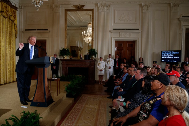 President Donald Trump speaks during a bill signing event for the "Department of Veterans Affairs Accountability and Whistleblower Protection Act of 2017" in the East Room of the White House, Friday, June 23, 2017, in Washington. (AP Photo/Evan Vucci)