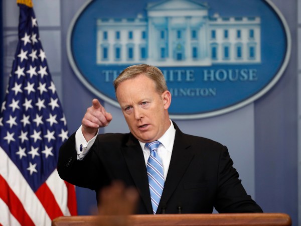 White House press secretary Sean Spicer points to a question during a media briefing at the White House, Monday, June 26, 2017, in Washington. (AP Photo/Alex Brandon)