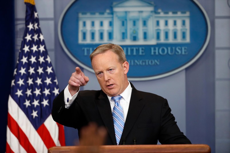 White House press secretary Sean Spicer points to a question during a media briefing at the White House, Monday, June 26, 2017, in Washington. (AP Photo/Alex Brandon)