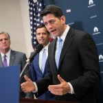 Speaker of the House Paul Ryan, R-Wis., center, joined by, from left, Majority Leader Kevin McCarthy, R-Calif., and Rep. John Ratcliffe, R-Texas, meets with reporters following a GOP strategy session at the Capitol in Washington, Tuesday, June 27, 2017.  (AP Photo/J. Scott Applewhite)