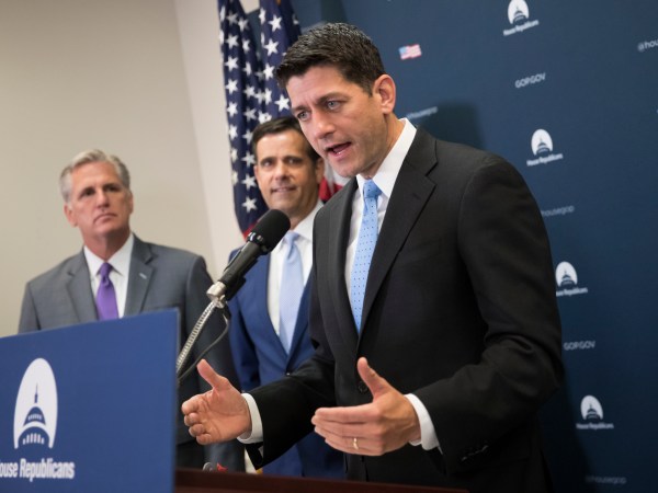 Speaker of the House Paul Ryan, R-Wis., center, joined by, from left, Majority Leader Kevin McCarthy, R-Calif., and Rep. John Ratcliffe, R-Texas, meets with reporters following a GOP strategy session at the Capitol in Washington, Tuesday, June 27, 2017.  (AP Photo/J. Scott Applewhite)