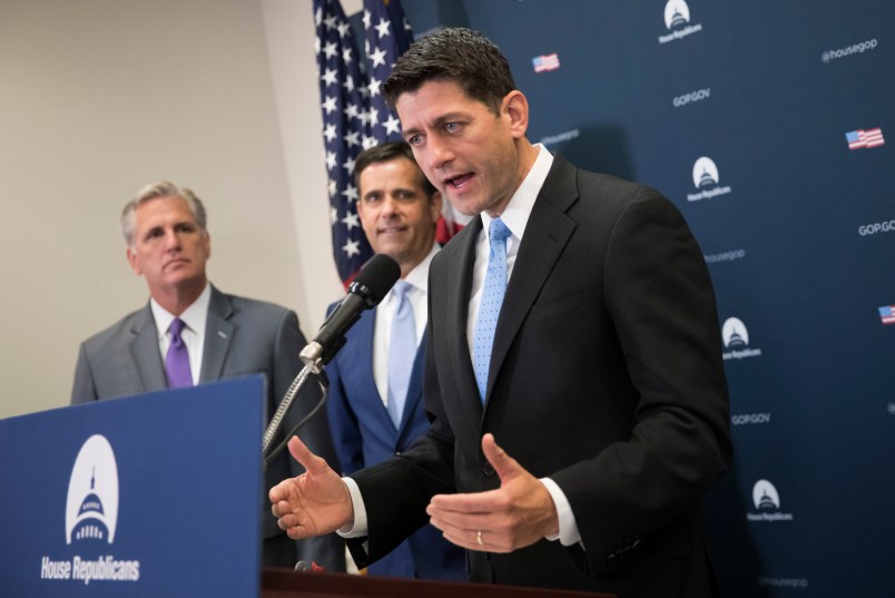 Speaker of the House Paul Ryan, R-Wis., center, joined by, from left, Majority Leader Kevin McCarthy, R-Calif., and Rep. John Ratcliffe, R-Texas, meets with reporters following a GOP strategy session at the Capitol in Washington, Tuesday, June 27, 2017.  (AP Photo/J. Scott Applewhite)