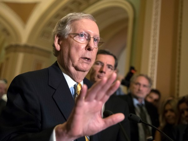 Senate Majority Leader Mitch McConnell, R-Ky., joined by Sen. John Barrasso, R-Wyo., right, tells reporters he is delaying a vote on the Republican health care bill while the GOP leadership works toward getting enough votes, at the Capitol in Washington, Tuesday, June 27, 2017. In a bruising setback, Senate Republican leaders are delaying a vote on their prized health care bill until after the July 4 recess, forced to retreat by a GOP rebellion that left them lacking enough votes to even begin debating the legislation, two sources said Tuesday. (AP Photo/J. Scott Applewhite)